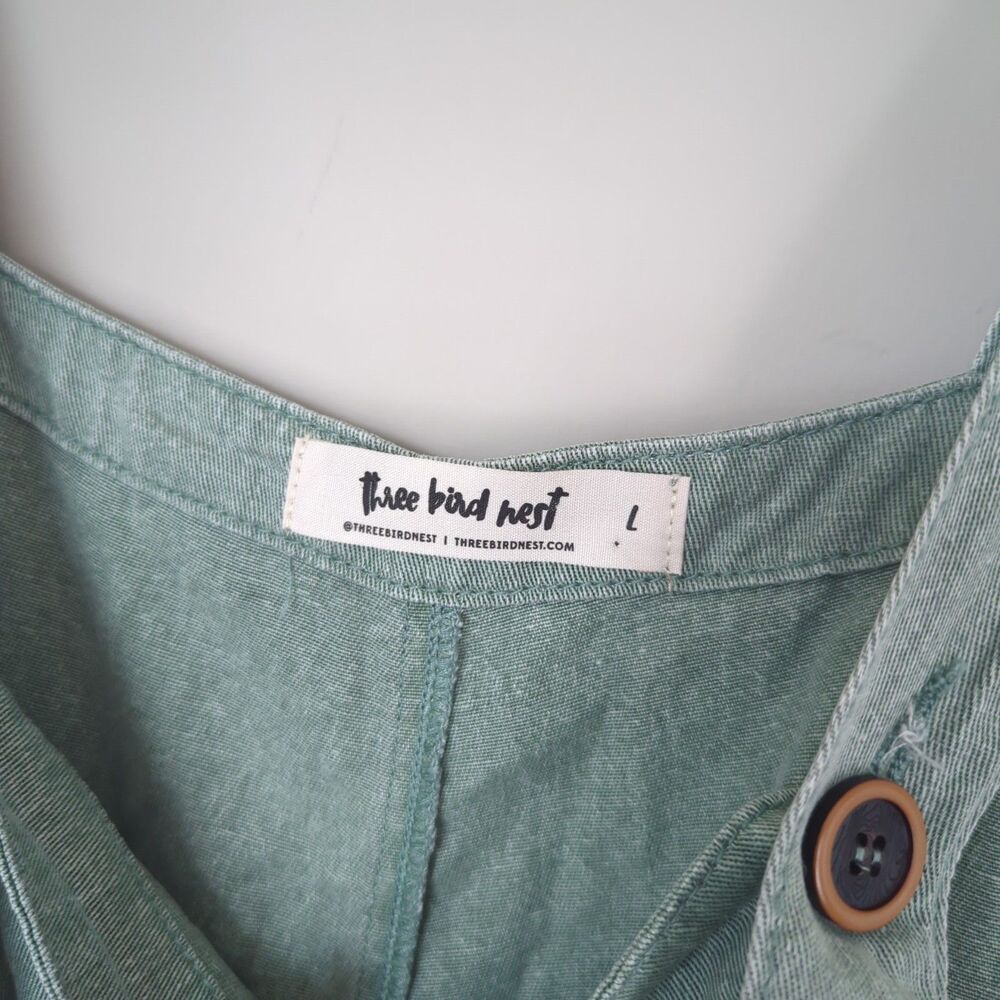 Three Bird Nest Sage Green Women's Denim Overalls Dress - Picture 4 of 12